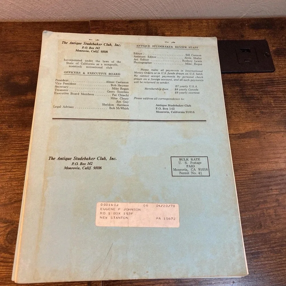 Antique Studebaker Club 1978 Roster Monrovia CA Cannon Vtg Ephemera